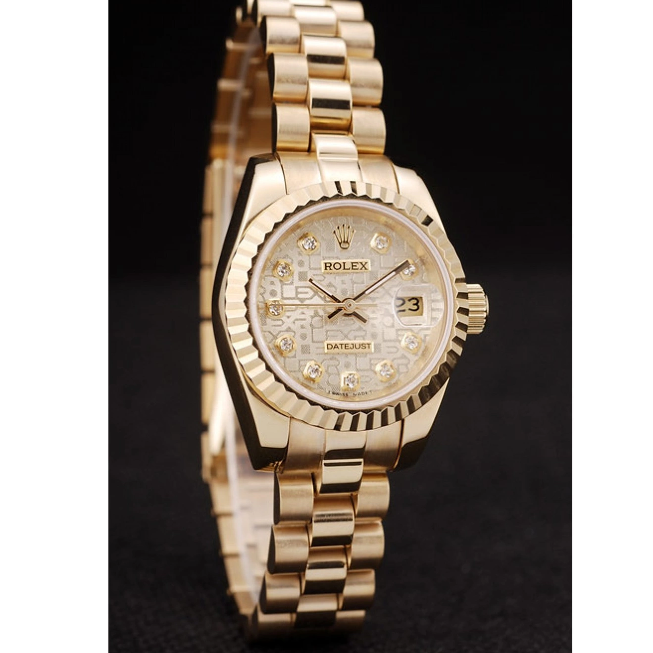 Aaa replica watch Pattern Gold DateJust Ribbed Dial Rolex Gold Bezel 0729